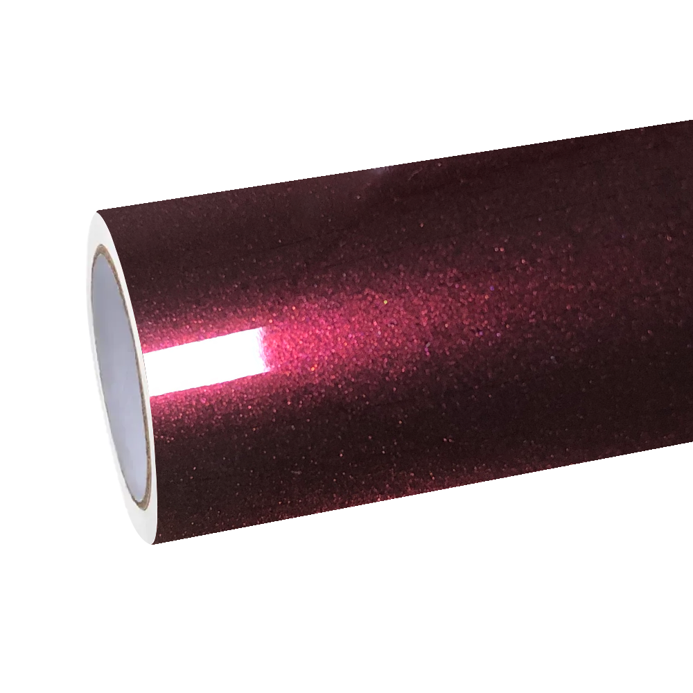 Studio roll profile of ALUKOCARWRAP Gloss Metallic Plum Red Car Vinyl Wrap PET, highlighting its rich liquid-metal dark cherry undertones.