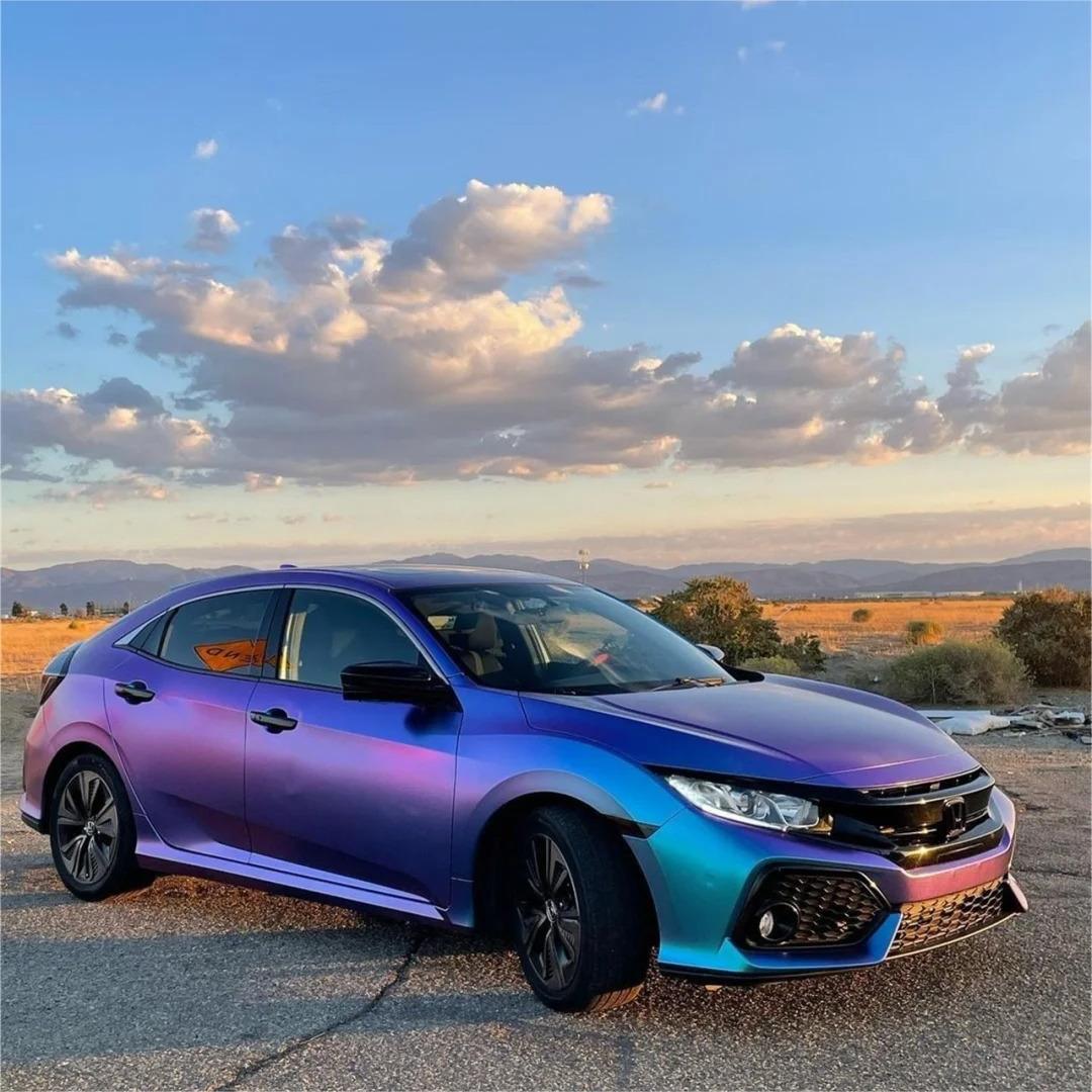 Chameleon diamond car wrap showing high end purple blue car wrap gloss shift with matte finish texture.