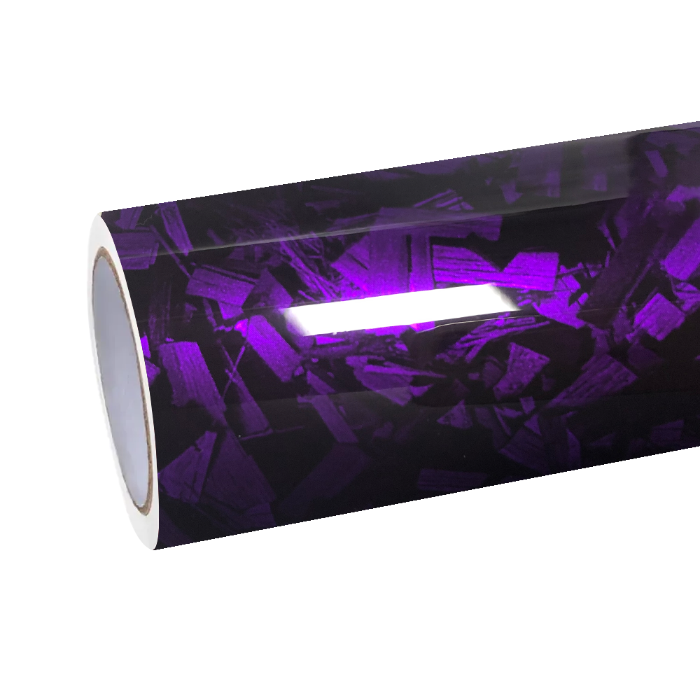 Asymmetric marbled patterns shifting on a high-gloss Purple Forged Car Wrap under intense workshop lighting.