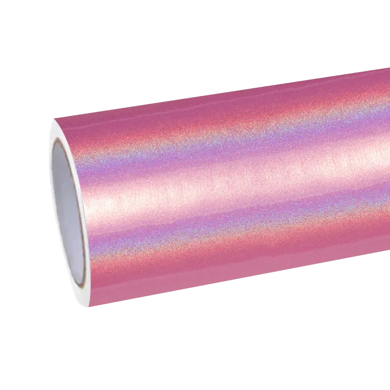 Showroom roll of Gloss Metallic Rainbow Laser Pink Car Vinyl Wrap PET, showing the smooth paint-like rainbow layer.