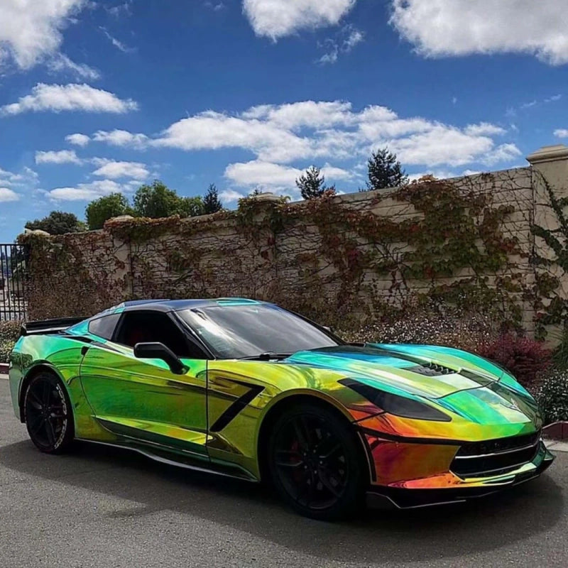 ALUKOCARWRAP Chrome Green Vinyl Wrap with Laser Holographic Gloss Gem Green Rainbow Effect