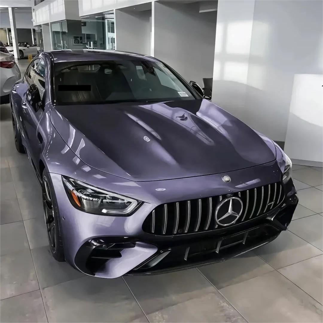 Gloss crystal rosemary purple car vinyl wrap with mirror reflection on a luxury EV, premium PET liner wrap film.