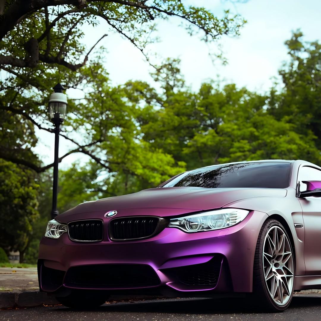 ALUKOCARWRAP TPU satin Russian Violet Purple PPF on a sports car, showcasing the liquid-like luxury finish and rock-chip shield.