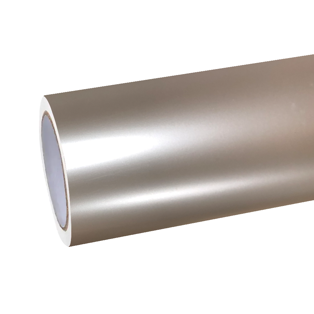 A pristine roll of ALUKOCARWRAP Matte Satin Car Wrap in Champagne Gold, revealing the flawless frosted metallic pigment and premium flat PET protective liner.