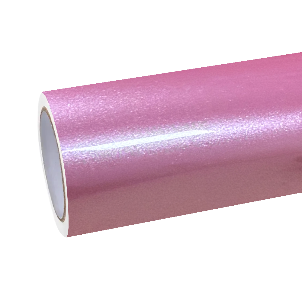 An unboxed premium roll of Glossy Metallic Shell Pink Car Vinyl Wrap PET, displaying the flawless smooth gloss backing liner.