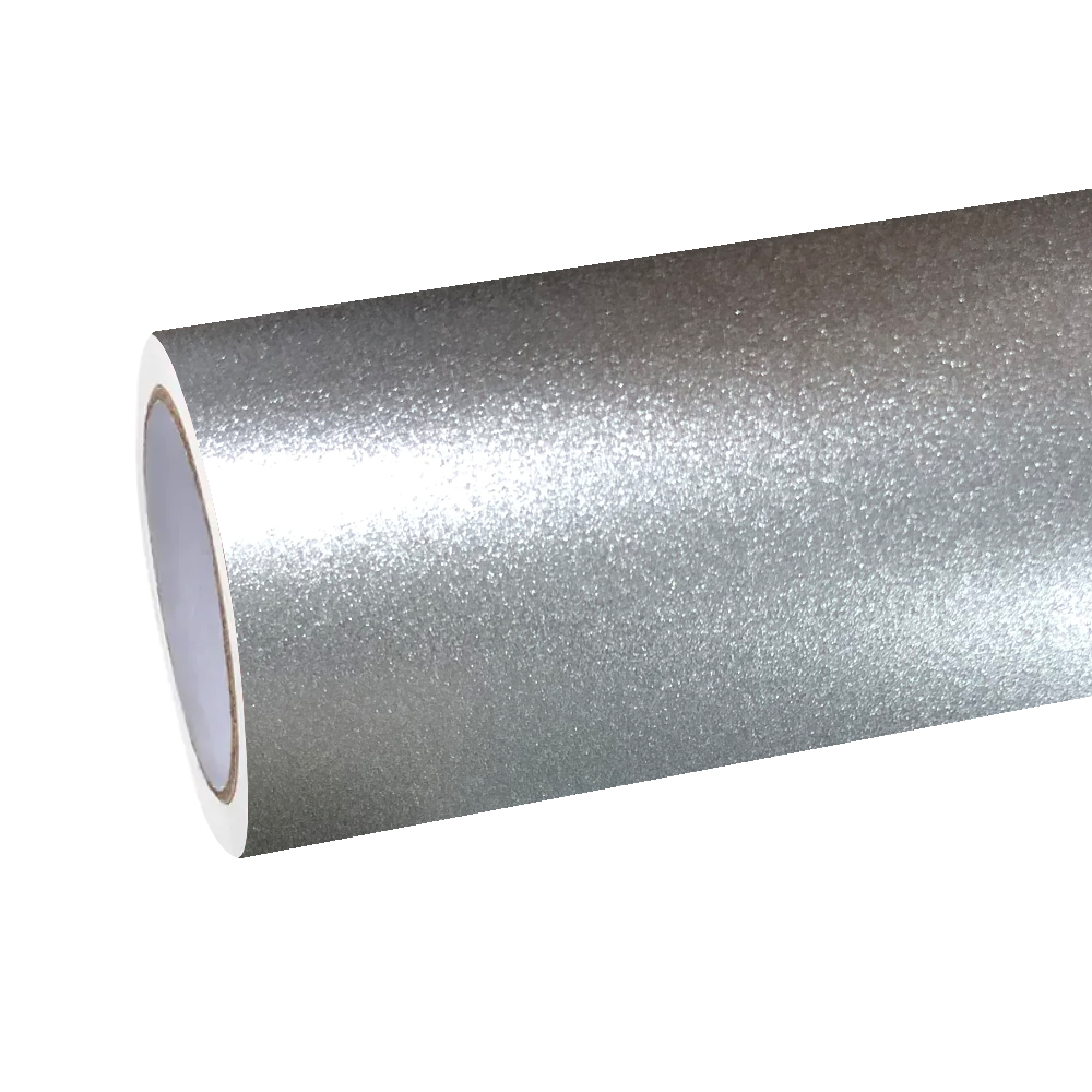 Close-up shot of ALUKOCARWRAP Matte Metallic Silicon Silver Car Vinyl Wrap applied on a luxury sports car, showcasing the premium matte silicon silver finish.