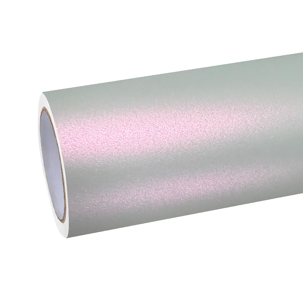 ALUKOCARWRAP matte metallic vinyl wrap with a premium PET liner exhibiting a silver pink car wrap gradient on a modified vehicle bumper.