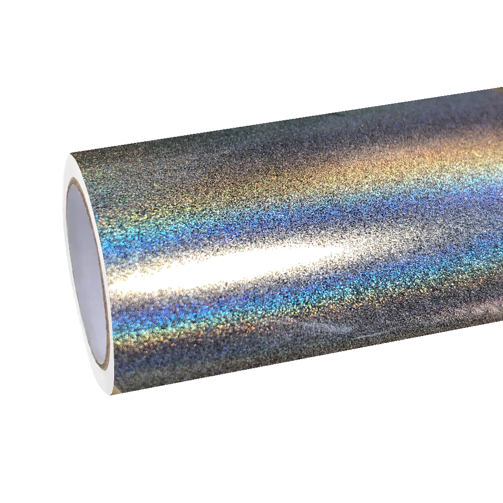 Sunlight reflecting on ALUKOCARWRAP PET Gloss Metallic Car Wrap, showcasing a multi-color Rainbow Laser Car Wrap effect.