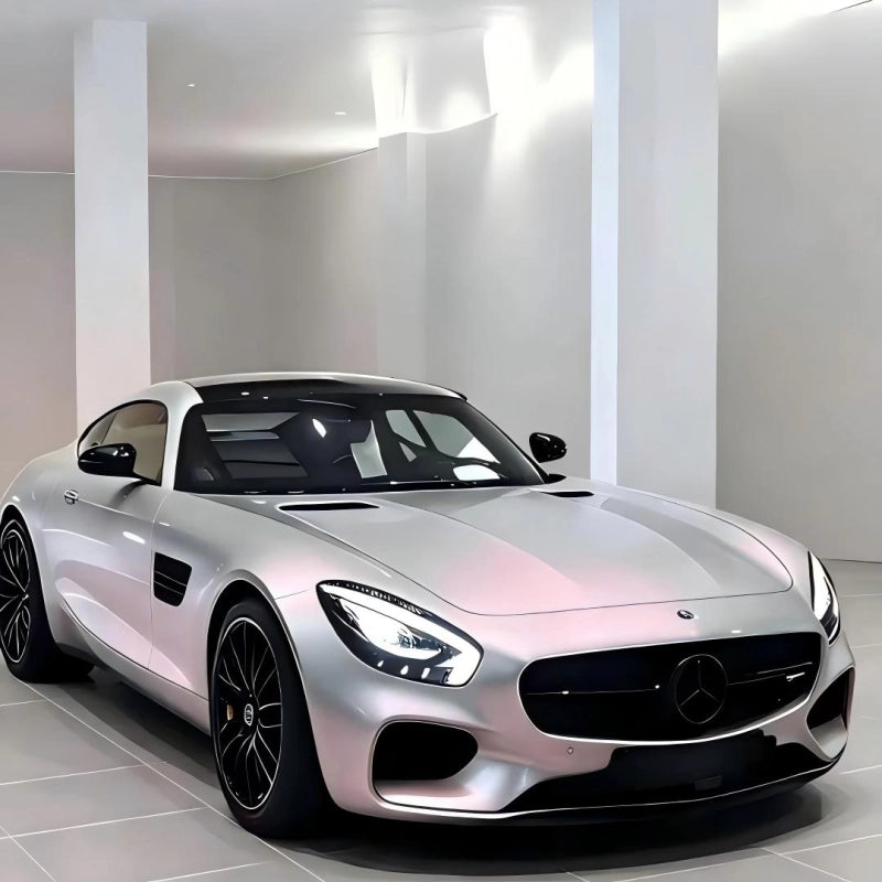 Show car wrapped in Aluko ultra gloss metallic chameleon Silver Sunset Pink car vinyl wrap PET, capturing the dynamic color-shifting travel.