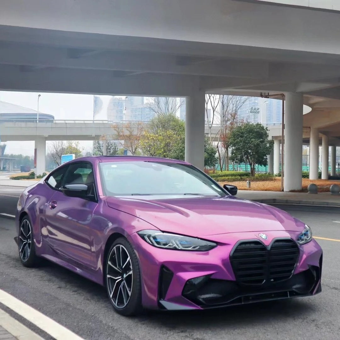 ALUKOCARWRAP Gloss Metallic Sky Vast Purple Car Vinyl Wrap PET on a luxury vehicle, showing zero orange peel mirror finish.