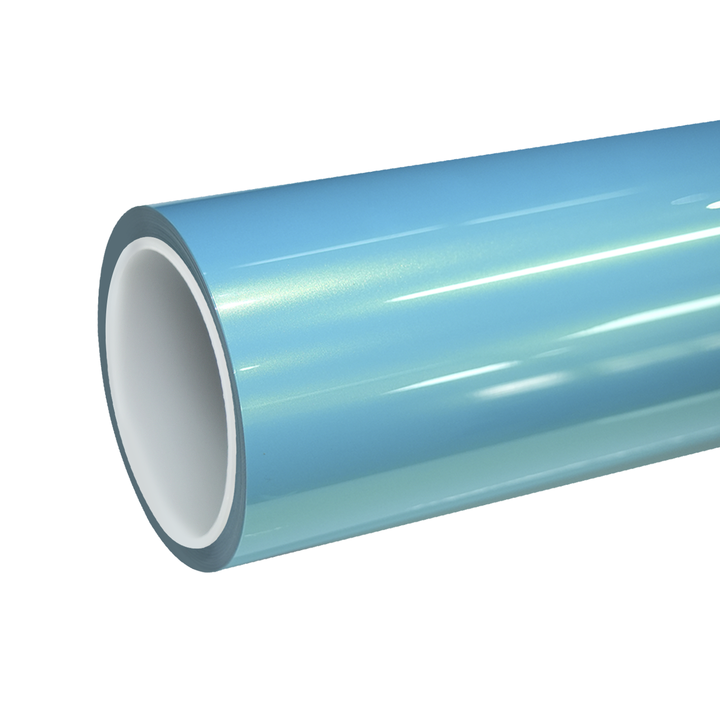 A brand new roll of ALUKOCARWRAP TPU gloss metallic neon ice blue colored PPF displayed in a clean packaging workshop.