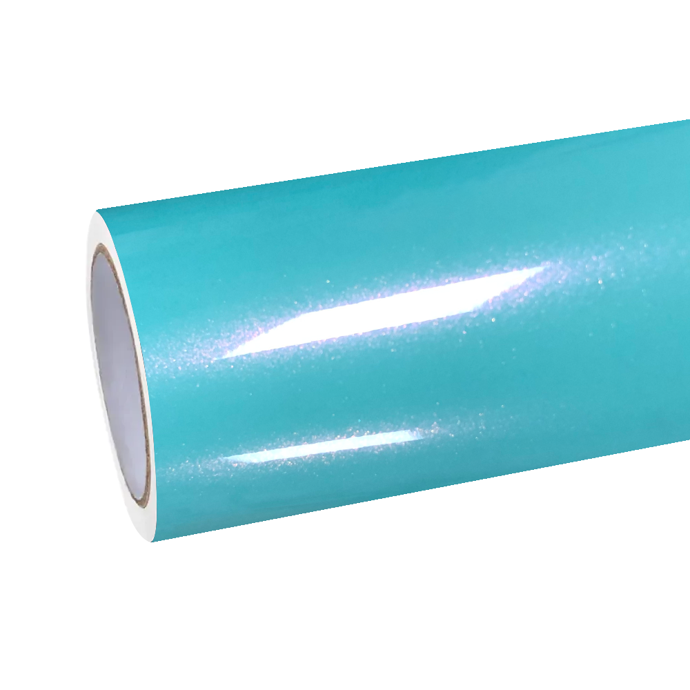 Premium ALUKOCARWRAP gloss metallic car wrap material revealing a soft tiffany rose glow with subtle blue hues.