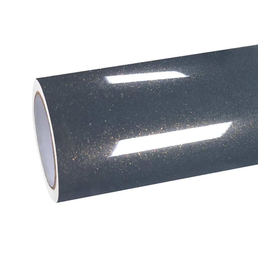 ALUKOCARWRAP Gloss Metallic Tourmaline Grey Car Vinyl Wrap PET Light installed on luxury vehicle side panel showing brilliant metallic flake reflection