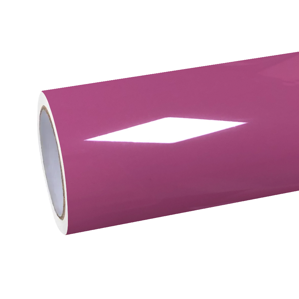 Unrolling the ALUKOCARWRAP Gloss Tulip Pink Car Vinyl Wrap PET, showing the high-gloss liquid reflection of the uninstalled film.