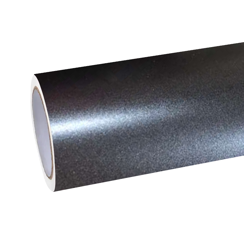 High-definition roll shot of ALUKOCARWRAP Matte Metallic Valcanic Grey Car Vinyl Wrap PET, showcasing its smooth charcoal base and volcanic metal flakes.