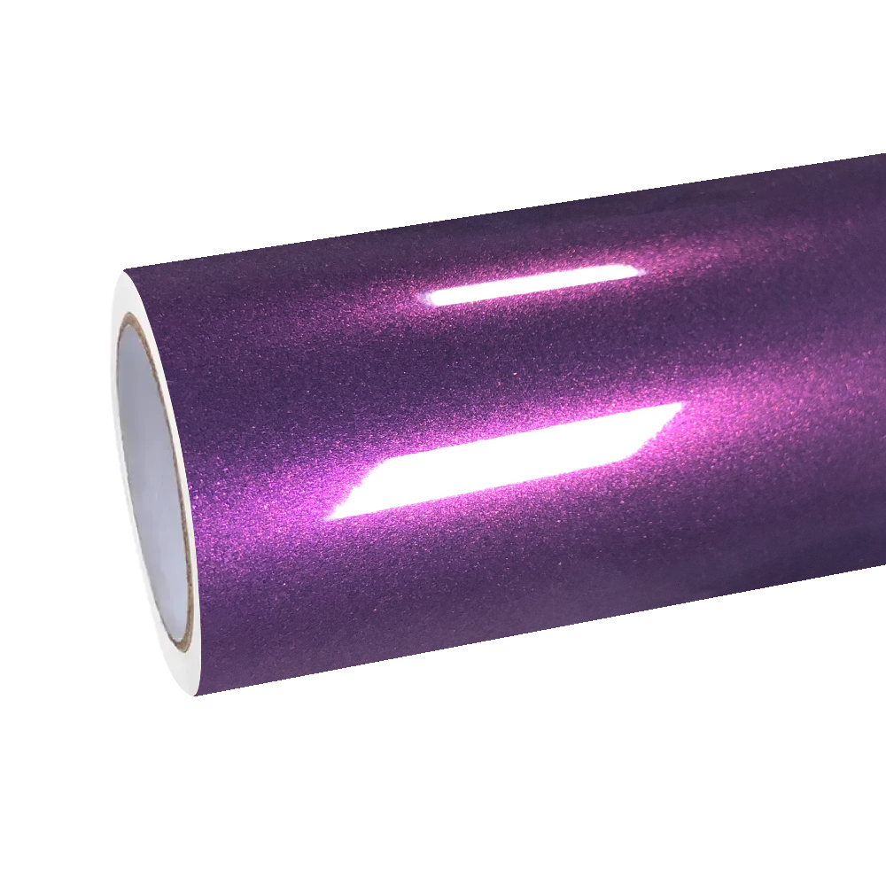 A complete roll of ALUKOCARWRAP vast purple car wrap with premium PET liner, displaying stellar gloss metallic flakes.