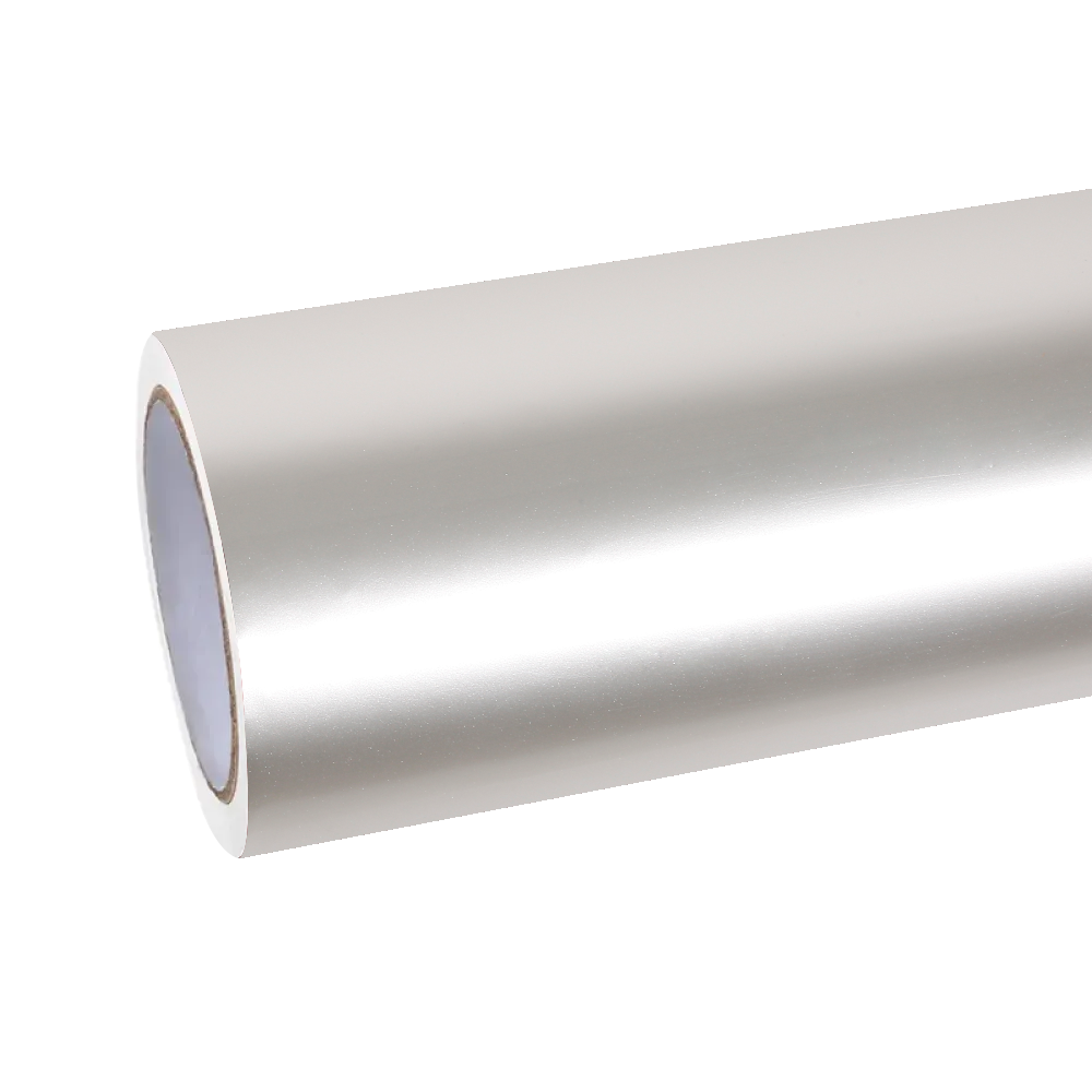 A heavy-duty cylinder of ALUKOCARWRAP Gloss Silver Car Wrap, unveiling the glass-like sheen and deep water-mercury metallics protected by an ultra-flat PET backing.