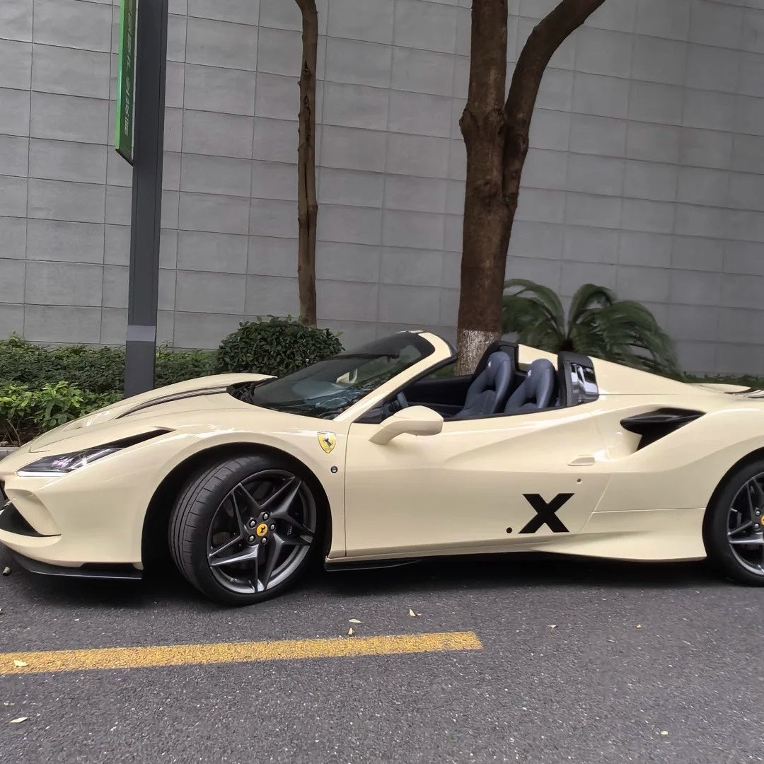 Luxury gloss ivory white car wrap finish, smooth PET backing vinyl wrap on sports car, custom clean off-white auto wrap styling.