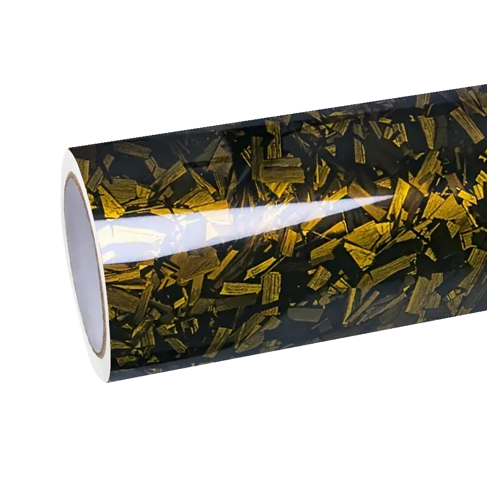 Non-geometric chaotic marbled patterns of ALUKOCARWRAP Gloss Yellow Car Wrap, replacing traditional woven carbon fiber look.