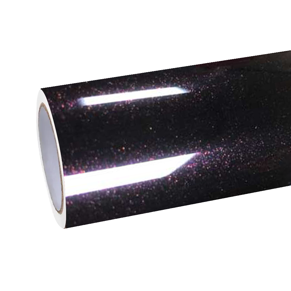 A retail roll of ALUKOCARWRAP gloss glitter starry chameleon black red car vinyl wrap PET film for professional styling.