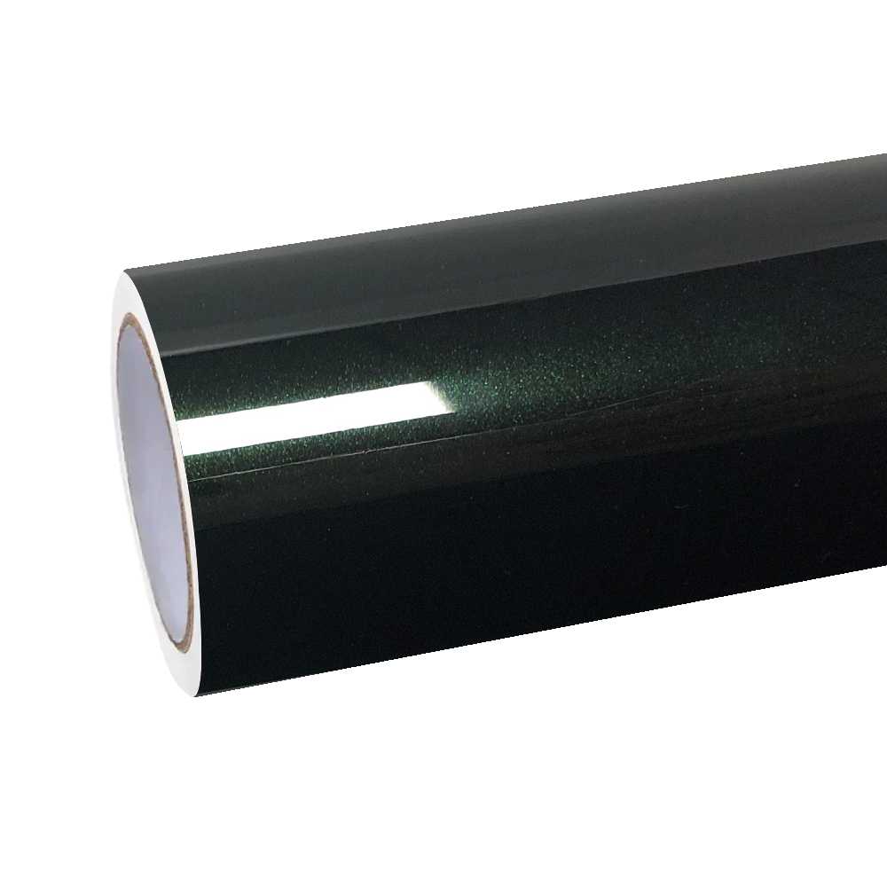An unrolled roll of ALUKOCARWRAP metallic diamond benz emerald green vinyl wrap film, showcasing the ultra-smooth PET backing and brilliant metallic green sparkles.