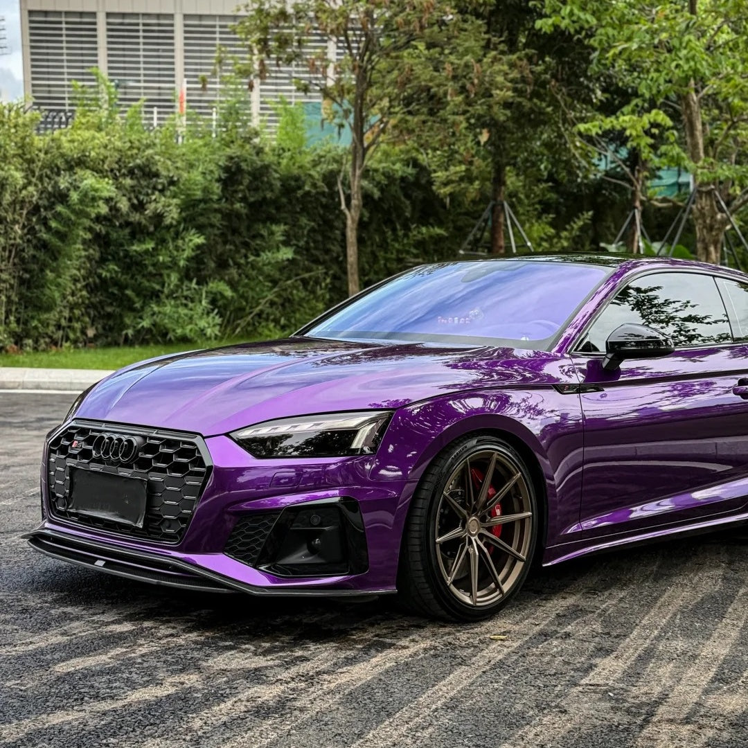 Sunlight fading over ALIKOCARWRAP twilight purple car wrap PET, showcasing premium paint-like gloss under sunset glow.