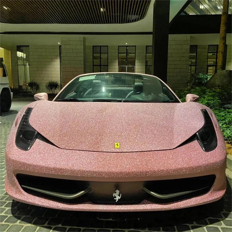 Close-up of matte diamond glitter pink car vinyl wrap texture, highlighting the glitter metallic finish and high-quality adhesive backing.